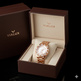 Vialux Damenarmbanduhr Rosegold – Edel mit Baguette-Steinen & Sonnen-Design – NEU OVP