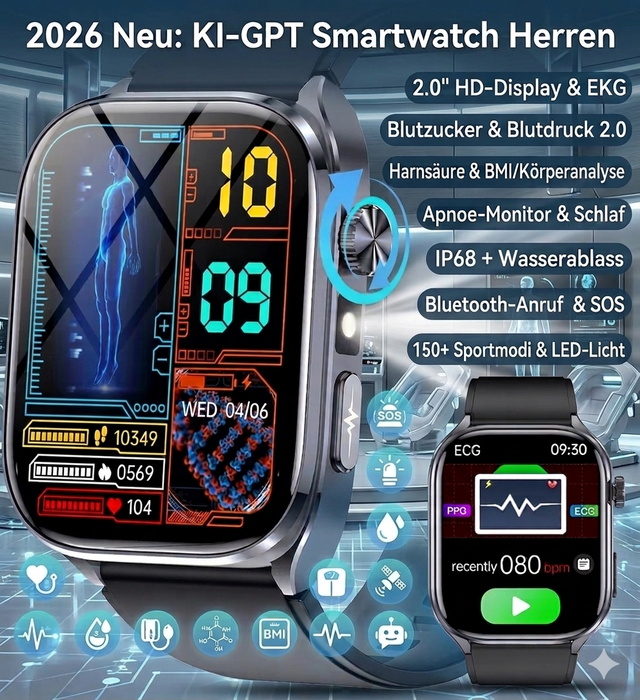 2026 Smartwatch Herren EKG Blutdruck Blutzucker Herzfrequenz Fitnessuhr IP68