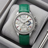 CASIO Sheen Damenuhr, Edles Silber Zifferblatt, Grüne Lederarmband, Kristalle Mondphase