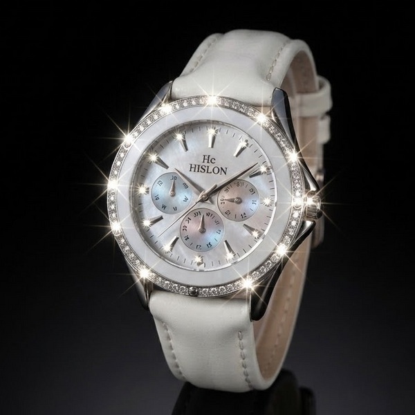 HISLON Multifunktional 39mm Damenuhr mit weißes Lederarmband