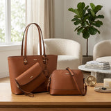 3er Set Damen Handtaschen Braun Shopper Umhängetasche Umhängetasche