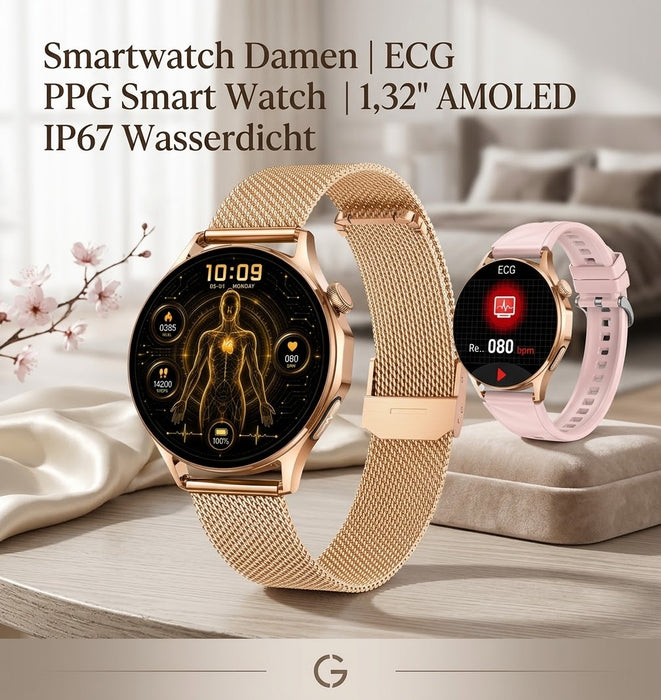 Smartwatch Damen EKG PPG Blutdruck HRV 1.32" AMOLED Fitnessuhr IP67 Rosa Gold