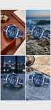 Luxus Herren Uhr Blau Chronograph Edelstahl, blau Leder Armband Neu & OVP Garantie