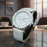 HISLON 3130 Multifunktional 36 mm Damenuhr mit weißes Lederarmband #ÖZENSAAT