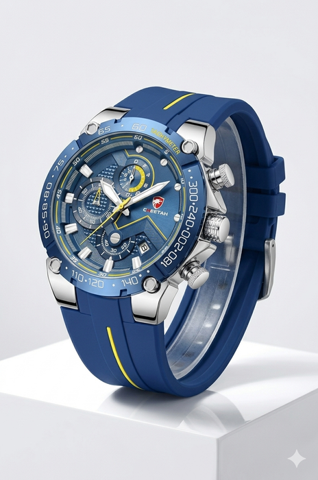 Herrenuhr Sport Chronograph Silikon Armband Datum Wasserdicht Blau & Silber ÖZENSAAT