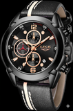 Luxus Chronograph Herrenuhr - Schwarz & Gold - Leder Armband - OVP & 2 Jahre Garantie