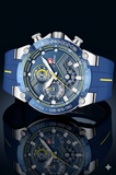 Herrenuhr Sport Chronograph Silikon Armband Datum Wasserdicht Blau & Silber ÖZENSAAT