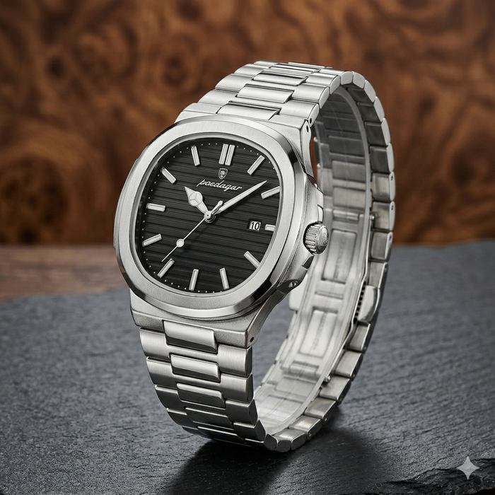 Luxuriöse Herrenuhr - Edelstahl 316L - Saphirglas - Japanisches Quarzuhrwerk - Silber/Schwarz