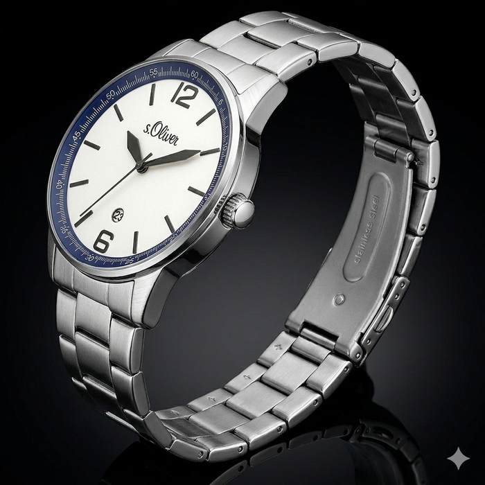 s.Oliver Herrenuhr Edelstahl Armband Silber Weiß Blau - Neu & OVP