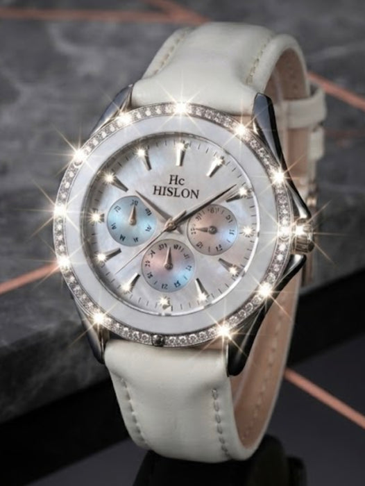 Hislon Damenuhr Weiß Zirkonia Steine Luxus Chrono-Optik mit Box & Zertifikat