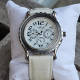 Hislon Edle Damen Armbanduhr Multifunktion Weiß Leder Elegant Uhr Top Zustand