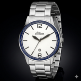 s.Oliver Herrenuhr Edelstahl Armband Silber Weiß Blau - Neu & OVP