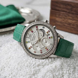CASIO Sheen Damenuhr, Edles Silber Zifferblatt, Grüne Lederarmband, Kristalle Mondphase