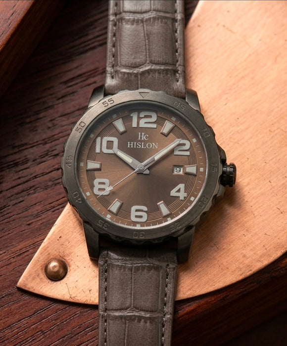 Hislon Armbanduhr Braun Schwarz Braunes Zifferblatt Lederarmband Datum