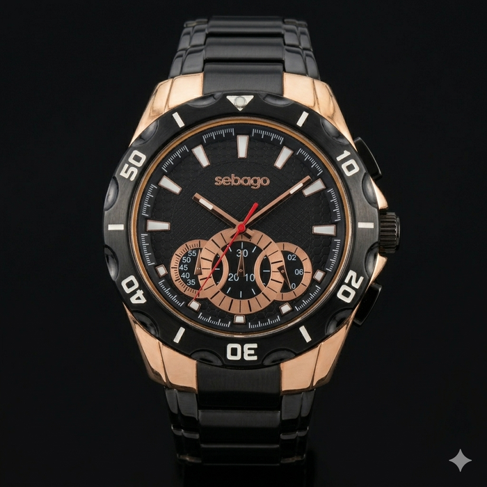 Sebago Herrenuhr Chronograph – Black & Rose Gold – 42mm – 50M Water Resistant – NEU OVP