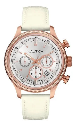 NAUTICA Chronograph Herrenuhr Lederarmband Weiß