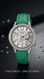 CASIO Sheen Damenuhr, Edles Silber Zifferblatt, Grüne Lederarmband, Kristalle Mondphase