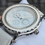 Hislon Edle Damen Armbanduhr Multifunktion Weiß Leder Elegant Uhr Top Zustand