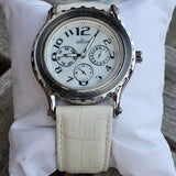Hislon Edle Damen Armbanduhr Multifunktion Weiß Leder Elegant Uhr Top Zustand