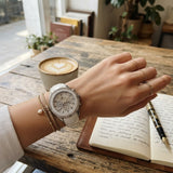 Hislon Damenuhr Weiß Zirkonia Steine Luxus Chrono-Optik mit Box & Zertifikat