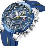 Herrenuhr Sport Chronograph Silikon Armband Datum Wasserdicht Blau & Silber ÖZENSAAT