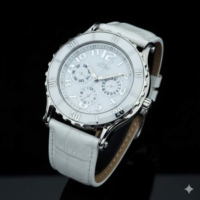 HISLON 3130 Multifunktionale Damen Uhr mit Weißes Lederarmband – Eleganz für jeden Tag