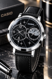 Casio LTF-122L-1ADR Armbanduhr Schwarz Silber Lederarmband Quarz 45mm