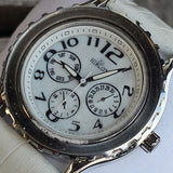 Hislon Edle Damen Armbanduhr Multifunktion Weiß Leder Elegant Uhr Top Zustand