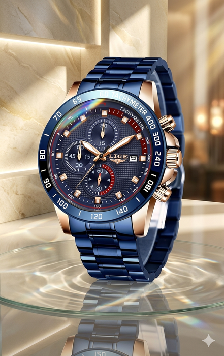 Sport Chronograph Herren Uhr Edelstahl Blau Gold Business Analog ÖZEN SAAT