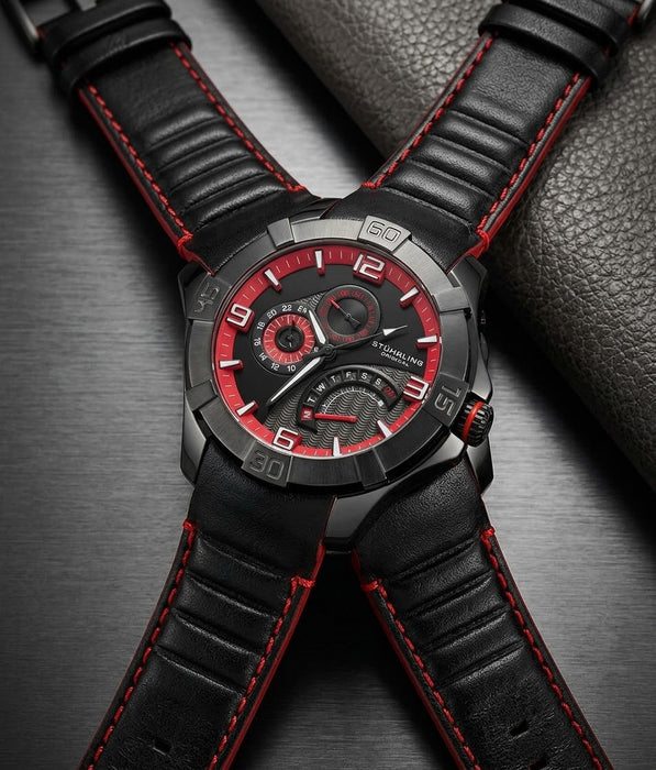 Stührling Original Gen-X 264XL Sportuhr 49mm Quartz Leder Schwarz Rot OVP